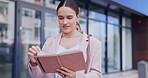 Reading notes, happy and a woman with a notebook for planning, ideas and morning schedule in the city. Smile, impressed and a girl with a book for work preparation, agenda and reminder for interview