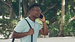 Phone call, hello and happy black man walking outdoors, cheerful and positive on commute. smartphone, conversation and African businessman smile while walking, talking and listening to proposal