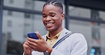 Phone scroll, laughing and black man reading comedy blog, meme joke or surfing internet, web or online search. Social media app, 5g smartphone or face of person texting, message or contact funny user