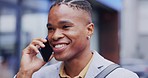 Phone call, face and happy black man talking, communication chat or consulting with business contact. Urban discussion, smartphone and male agent networking, speaking or on outdoor 5g conversation