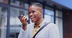 Speaker phone call, communication and happy black man networking, chat discussion or consulting with business contact. Recording app, speech to text software or city person send voicemail