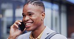 Phone call communication, happy face and black man networking, chat or consulting with business contact. Urban discussion, smartphone and male agent talking, speaking or on outdoor 5g conversation