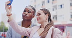 Selfie, friends and business people in the city together on their morning commute for corporate work. Photograph, diversity or 5g mobile technology with a man and woman employee in an urban town