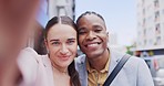 Selfie, friends and couple in town, interracial and relationship with romance, kiss and smile outdoor. Portrait, black man and woman outdoor, memory and profile picture with quality time and bonding