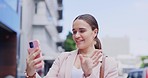 Video call, wave and woman with phone in city, talking or speaking to contact in urban street. Cellphone, happiness and business person in webinar, waving in online chat or live streaming outdoor.