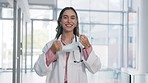 Hospital, woman face and covid mask remove of a medical and healthcare worker with a smile. Happiness portrait, proud and vision of a female clinic employee with arms crossed feeling happy about job