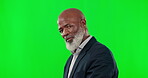 Portrait, glasses and serious with a black man on a green screen background in studio for business. Face, eyewear or mindset with a senior male employee on chromakey mockup with vision and focus