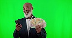 Smile, black man with money and phone in studio with happiness isolated on chromakey background. Cash fan, wealth and businessman with banking app, bonus and financial freedom in green screen mockup.