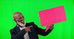 Speech bubble, green screen and man point mockup space for social media, chat icon and networking cardboard sign. Professional, senior and african person with voice communication or opinion in studio