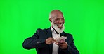 Smile, studio and black man throwing money, profit and happiness isolated on chromakey background. Cash, wealth and happy businessman with bonus, success and financial freedom in green screen mockup.