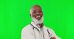 Green screen, proud face of doctor or black man isolated on studio background for healthcare leadership and happy career. Senior professional or medical worker with hospital, clinic or health mockup