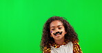 Mustache, funny and costume with child in green screen studio for hipster, comic and disguise. Playing, happy and character with portrait of young girl on background for humor, imagination and goofy