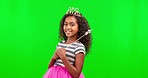 Princess, happy and face of a girl on a green screen isolated on a studio background. Smile, cute and portrait of a little child with a wand and costume dress up for halloween on a mockup backdrop