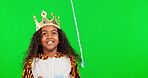 Birthday, balloons and a girl with a gift on a green screen isolated on a studio background. Happy, celebrate and face portrait of an excited child ready to open a present and excitement with mockup