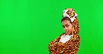 Green screen, crossed arms and child with tiger costume, cool outfit and onesie for goofy attitude. Halloween fashion, studio and portrait of happy girl with party dress up for comic, funny and meme