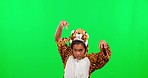 Tiger costume, playful and child face with green screen with halloween onesie feeling silly with roar. Isolated, studio background and crazy energy of a little kid with youth and happiness from scare