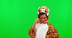 Tiger dress up and child face with green screen in a studio feeling playful with sunglasses. Comic, excited and crazy kid portrait with funny, comedy and joke from lappy little girl with mockup
