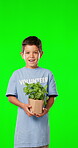Happy, face and a boy with a plant on a green screen isolated on a studio background. Volunteering, smile and a portrait of a child with peppermint plants for clean energy and growing ecology