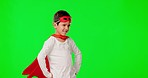 Child, hero costume and green screen studio for creativity, strong or mockup with mask. Boy, kid and superhero clothes with cape for fantasy, happiness or games in childhood development by background
