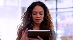 Business woman scroll on tablet in office for company market research, email management or online application in lens flare. Biracial worker, employee or person on digital technology of data analysis