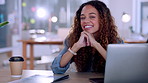 Office, night and face of happy woman and mindset in career, global company and late working on her laptop. Portrait of young, biracial person, worker or employee planning business or project goals