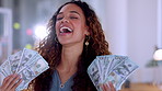 Cash, fan and face of happy woman in business wealth, bonus or investment profit, success and winning money. Winner, banking or rich biracial person for startup loan or financial freedom in office