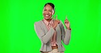 Business woman on green screen, pointing and marketing with product placement and smile in portrait. Dancing, excited and advertising with brand logo or promotion with deal announcement and mockup