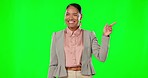 Business woman on green screen, pointing and advertisement with product placement and smile in portrait. Happy, branding and marketing with brand logo or promotion with deal announcement and mockup