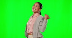Business woman on green screen, pointing and advertising with product placement and smile in portrait. Happy, branding and marketing with brand logo or promotion with deal announcement and mockup