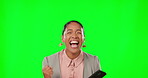Wow, winner and phone with a woman on a green screen background in studio celebrating her promotion. Success, motivation and communication with a young female in celebration of a bonus or good news