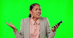 Green screen, angry and businesswoman on a phone call shrugging shoulders feeling upset and annoyed in a studio background. Employee, confused and frustrated woman talking about a problem or fight