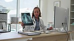 Asian woman, doctor and checking x ray on computer for healthcare examination, results or planning surgery at hospital. Female medical professional working on PC with CT scan sample at the clinic