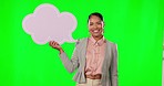 Face, business and woman with speech bubble, green screen and product placement against a studio background. Portrait, female employee and entrepreneur with sign, announcement and icon for opinion