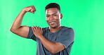 Black man, muscle and strong flexing in studio on green screen isolated on a background. Face portrait, fitness and happy person or bodybuilder with strength, energy or healthy, workout or power.