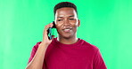 Phone call, black man and talking on green screen in studio isolated on a background. Cellphone, contact and happiness of African person speaking, discussion or conversation online on chroma key.