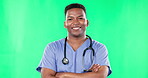 Face, nurse smile and black man with arms crossed on green screen in studio isolated on a background. Portrait, medical professional and happiness, proud and confident surgeon from South Africa.