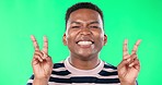 Black man, peace sign and face by green screen with smile, happiness or excited with emoji by studio background. Male, model or gen z student with hand, gesture or sign in portrait, lifestyle or icon