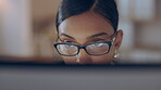 Indian woman, face and working night at office, lawyer planning and prepare for case with research at computer. Deadline, overtime and work late at law firm, female in glasses and concentration