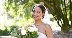 Happy bride, thinking and flower bouquet outdoor for celebration in garden, summer and marriage. Woman, smile and daydream on wedding day with roses, flowers and excited to celebrate married future 