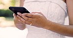 Phone, closeup and search with hands of woman in park for network, social media and communication. Technology, internet and contact with female texting in nature for connection, online and app