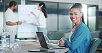 Face, laptop and smile of black woman in office with pride for career or job in workplace. Portrait, computer and happy female professional, business entrepreneur and African person with confidence.