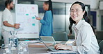 Face, laptop and smile of Asian woman in office with pride for career, occupation or job in workplace. Portrait, computer and happy female professional, business entrepreneur and person with glasses.