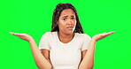 Face, confused woman and shrug on green screen, hands and forgot questions of choice, emoji and reaction. Portrait, female model and dont know why in doubt, confusion and uncertainty in body language