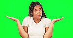 Shrugging, doubt and face of woman on green screen, confusion and questioning choice, emoji and reaction. Portrait, female model and dont know why, confused and unsure of decision, problem and forgot