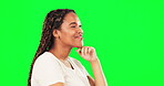 Black woman, smile and agreement on studio green screen of future goals, vision or nodding to ideas on isolated mockup. Happy, planning and person with good choice, thinking or solution inspiration