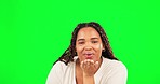 Blowing kiss, love and woman face in green screen with happiness and romantic emoji gesture. Isolated, studio background and young female portrait with loving and romance hand sign feeling happy