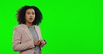 Broadcast, face and a woman with news on a green screen isolated on a studio background. Mockup, speech and portrait of a reporter talking about the media, weather forecast or presenting a report