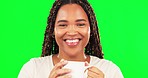 Happy black woman, face and drinking coffee on green screen for relax, detox or wellness break on isolated studio background. Portrait, smile and person with tea cup or latte mug on mock up backdrop