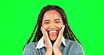 Smile, face and woman in studio with green screen with positive, confident and happy mindset. Happiness, excited and portrait of young African female model laughing isolated by chroma key background.