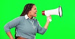 Protest, shouting and woman with a megaphone by green screen for a human rights movement. Scream, political and African female model with a bullhorn for activism march by chroma key studio background